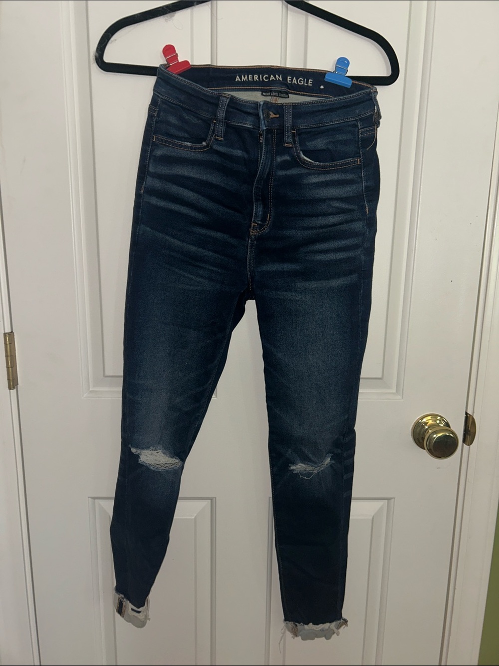 American Eagle Outfitters Dark Blue High-Rise Distressed Skinny Jeans